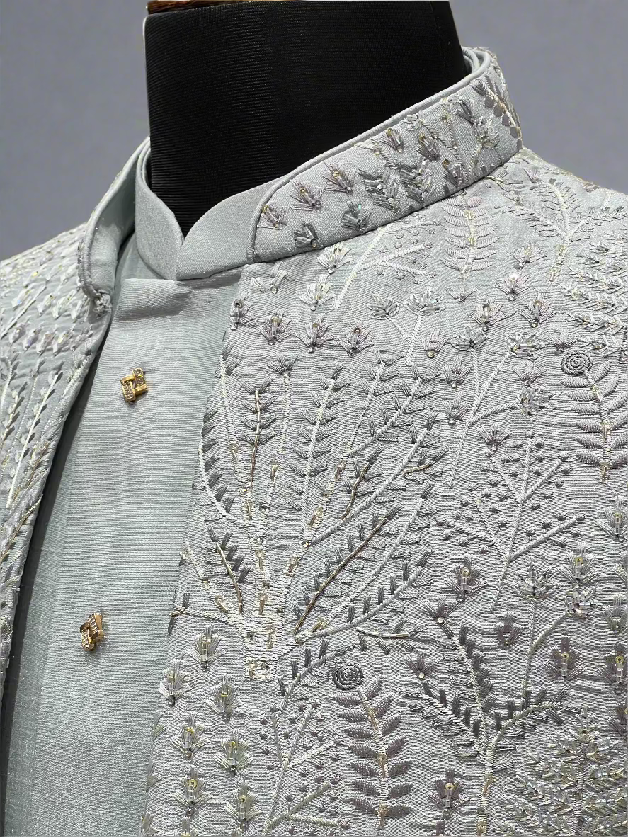 Ice Blue Indo-Western Ensemble with Textured Embroidery