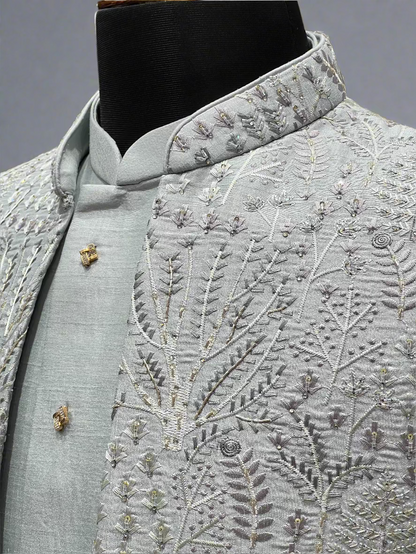 Ice Blue Indo-Western Ensemble with Textured Embroidery