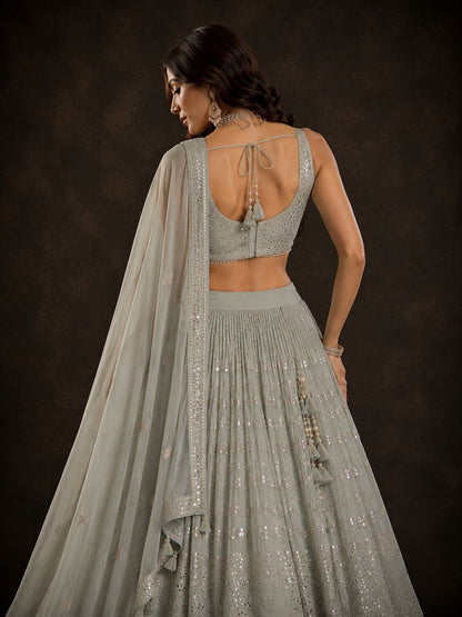 Ice Blue Mirror Work Designer Lehenga Choli