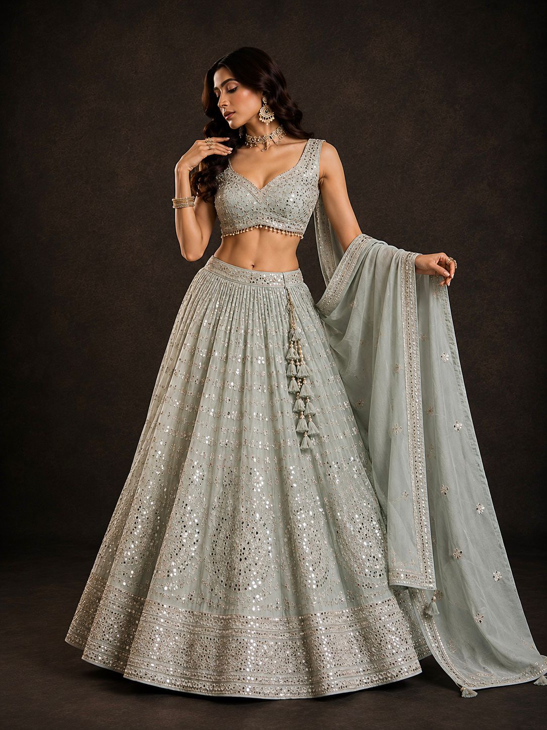 Ice Blue Mirror Work Designer Lehenga Choli