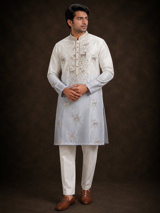 Ice Blue Ombre Embroidered Kurta for Men with Wildlife Motif and Nature Inspired Thread Work