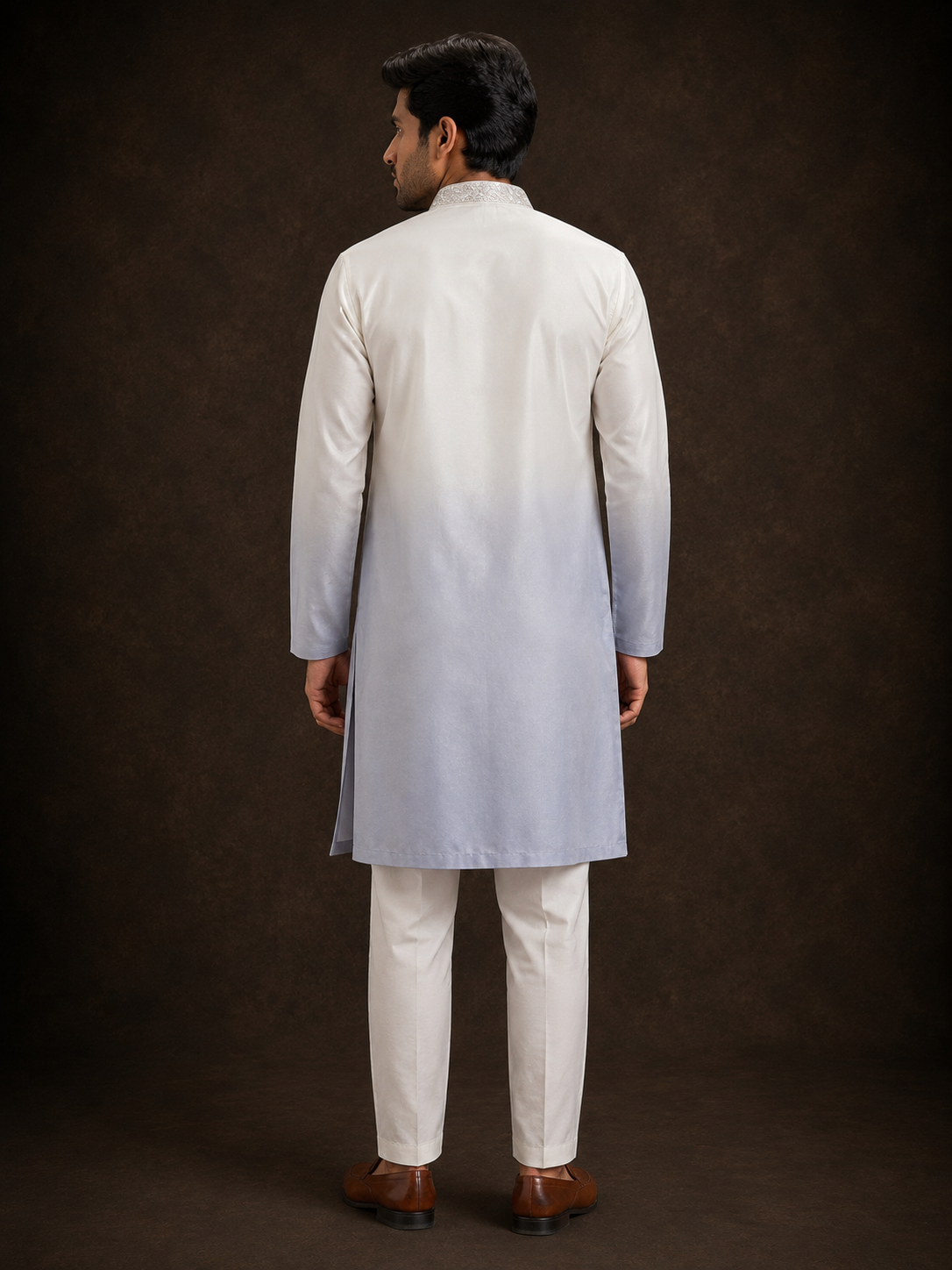 Ice Blue Ombre Embroidered Kurta for Men with Wildlife Motif and Nature Inspired Thread Work