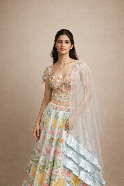 Ice Blue Pastel Floral Embroidered Designer Lehenga Choli with Sheer Dupatta