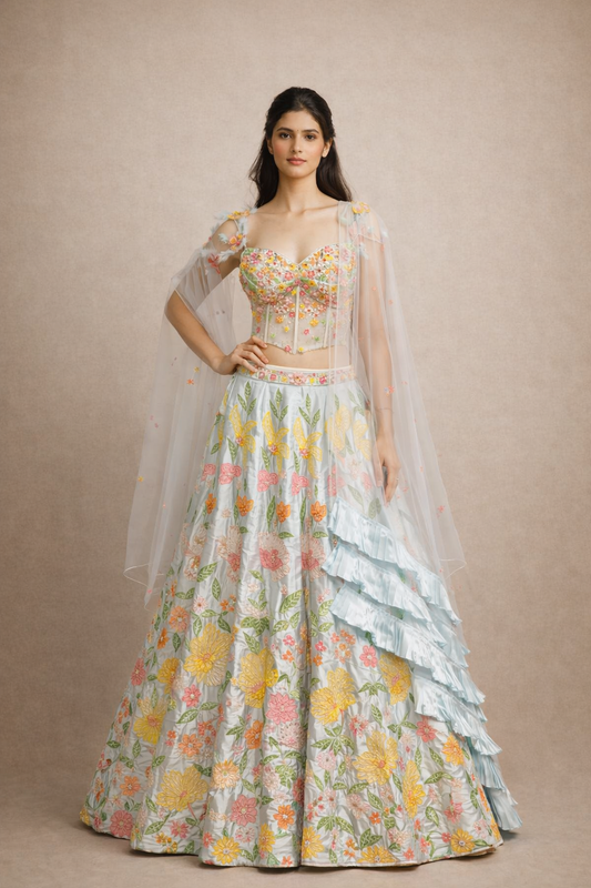 Ice Blue Pastel Floral Embroidered Designer Lehenga Choli with Sheer Dupatta