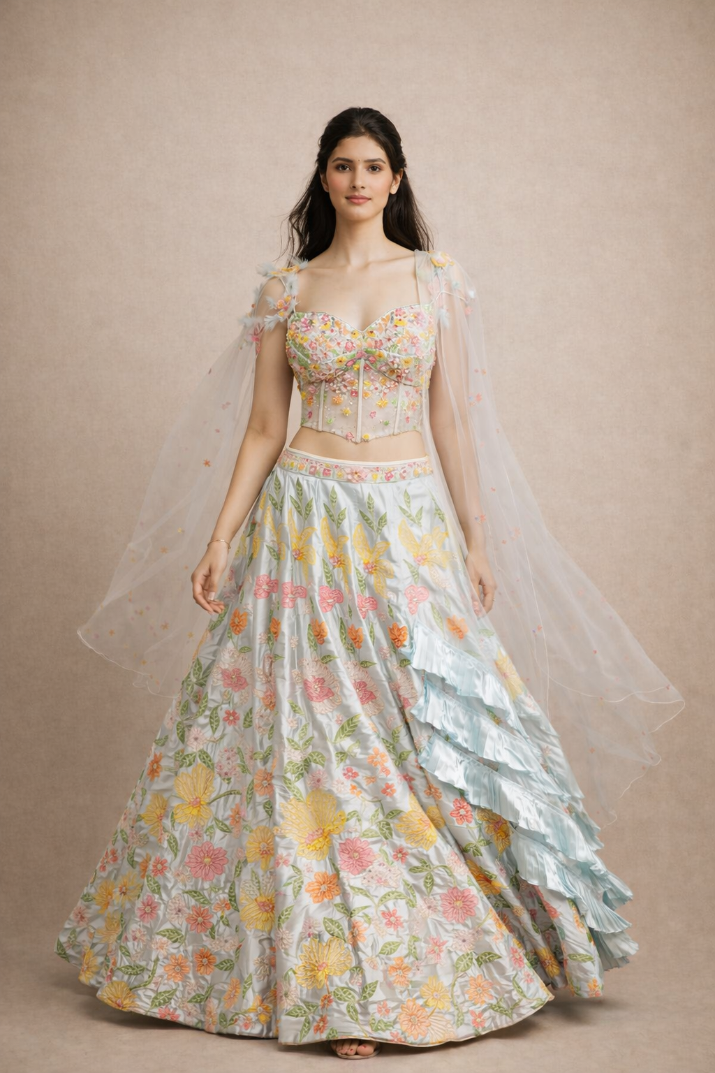 Ice Blue Pastel Floral Embroidered Designer Lehenga Choli with Sheer Dupatta