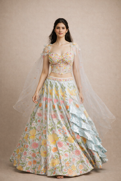 Ice Blue Pastel Floral Embroidered Designer Lehenga Choli with Sheer Dupatta