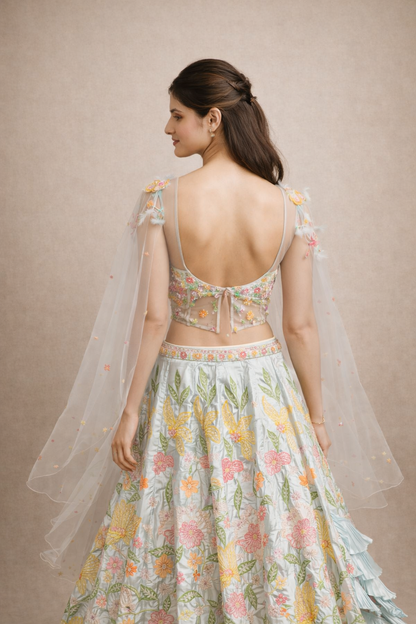 Ice Blue Pastel Floral Embroidered Designer Lehenga Choli with Sheer Dupatta