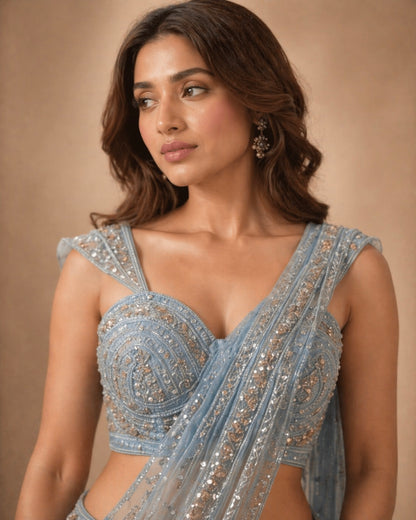 Ice Blue Sequin Embroidered Indo-Western Saree Lehenga with Draped Dupatta