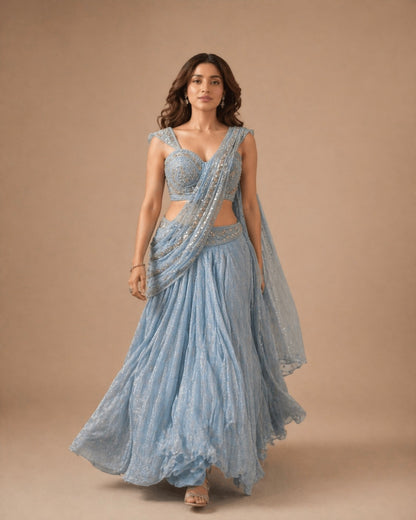Ice Blue Sequin Embroidered Indo-Western Saree Lehenga with Draped Dupatta