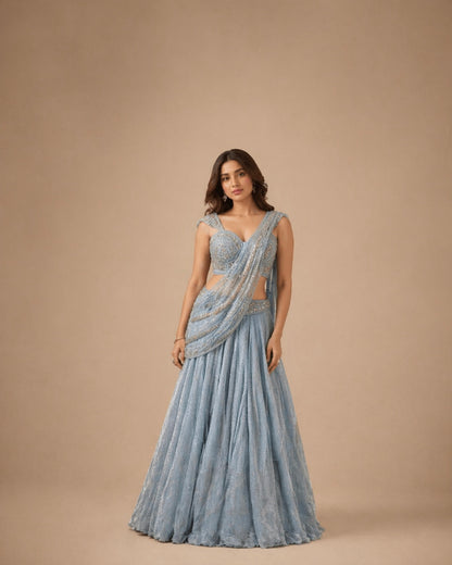 Ice Blue Sequin Embroidered Indo-Western Saree Lehenga with Draped Dupatta