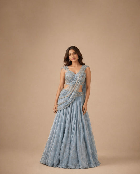 Ice Blue Sequin Embroidered Indo-Western Saree Lehenga with Draped Dupatta