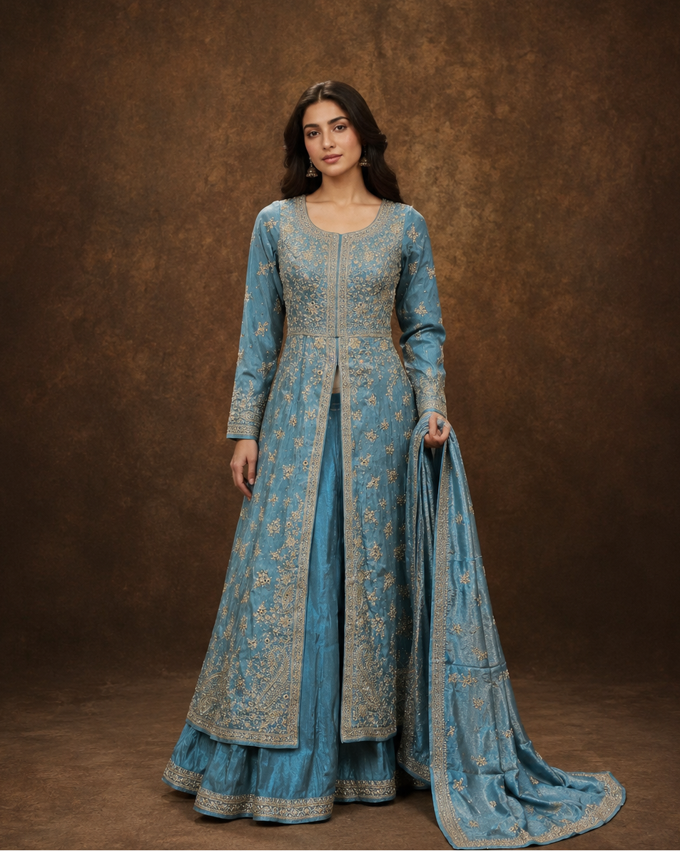 Ice Blue Zari Embroidered Anarkali Palazzo Set