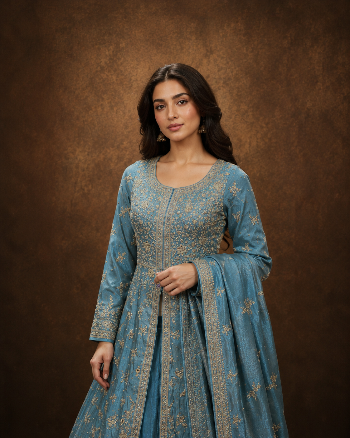 Ice Blue Zari Embroidered Anarkali Palazzo Set