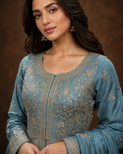 Ice Blue Zari Embroidered Anarkali Palazzo Set