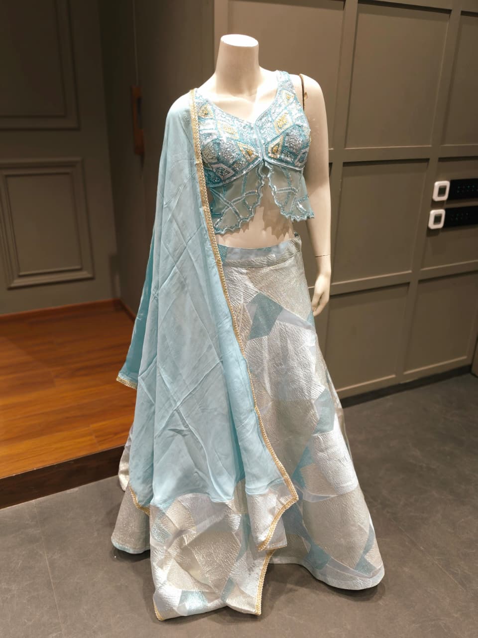 Ice Blue and Silver Geometric Embroidered Designer Lehenga Choli with Dupatta