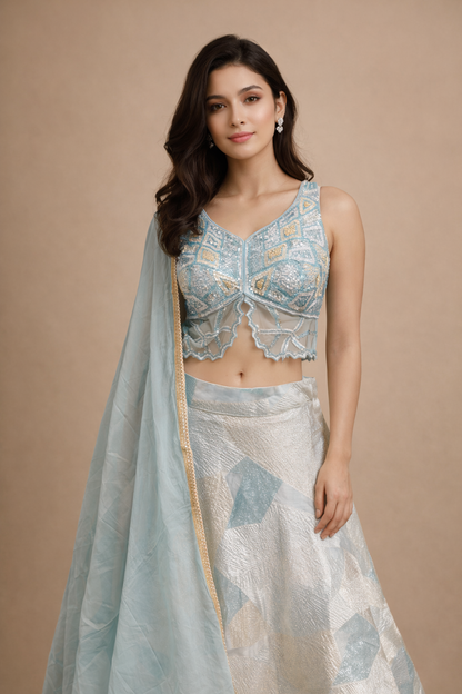 Ice Blue and Silver Geometric Embroidered Designer Lehenga Choli with Dupatta