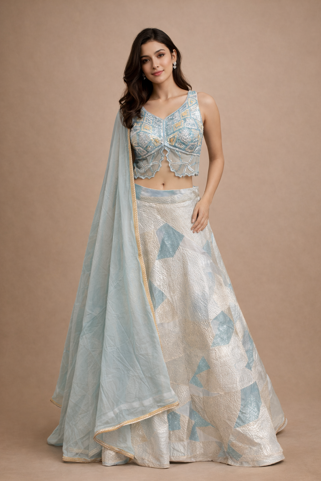 Ice Blue and Silver Geometric Embroidered Designer Lehenga Choli with Dupatta
