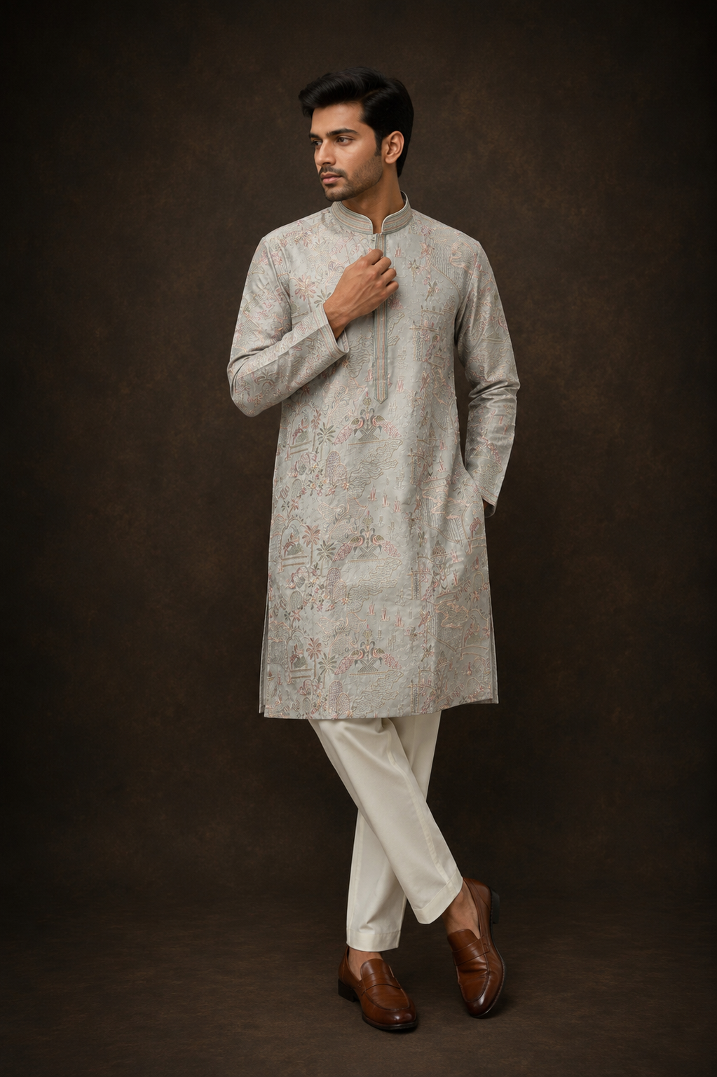 Ice Grey Printed Kurta for Men with Scenic Landscape and Heritage Motif Design