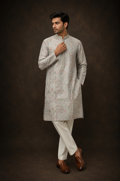 Ice Grey Printed Kurta for Men with Scenic Landscape and Heritage Motif Design