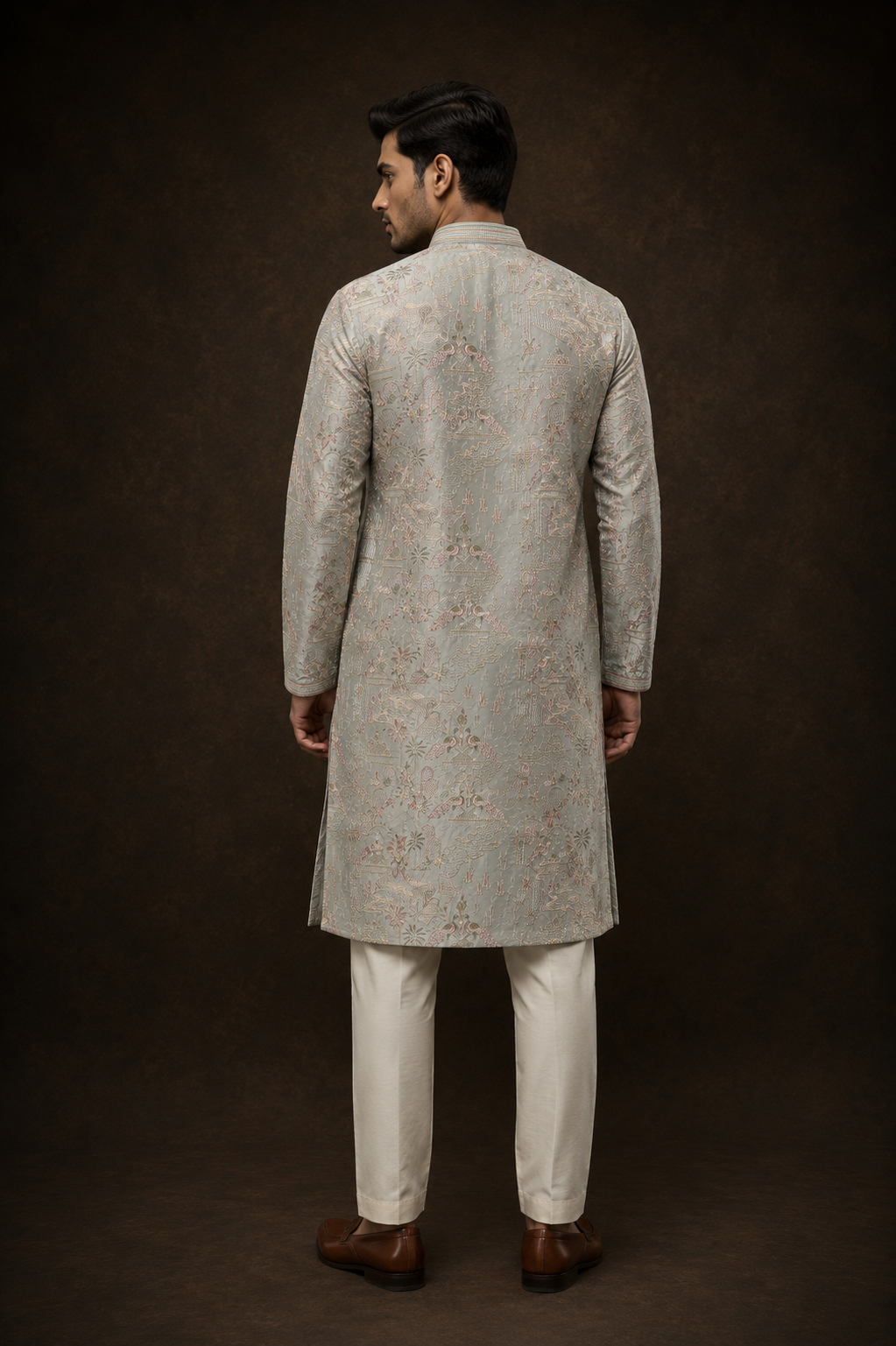 Ice Grey Printed Kurta for Men with Scenic Landscape and Heritage Motif Design