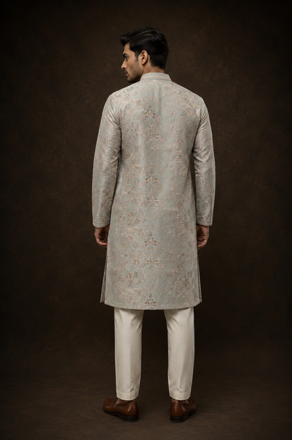 Ice Grey Printed Kurta for Men with Scenic Landscape and Heritage Motif Design