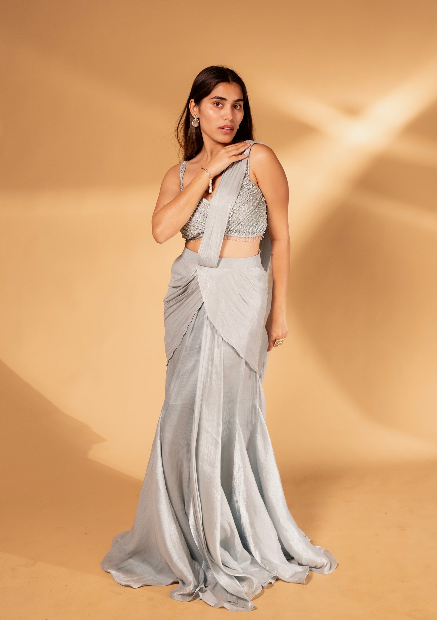 Pista Draped Saree Gown with Beaded Bustier