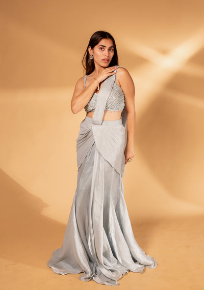 Pista Draped Saree Gown with Beaded Bustier