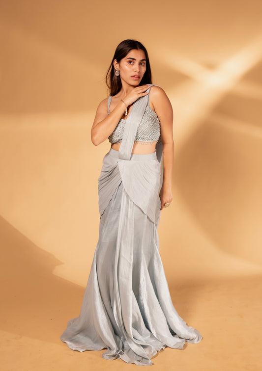 Pista Draped Saree Gown with Beaded Bustier