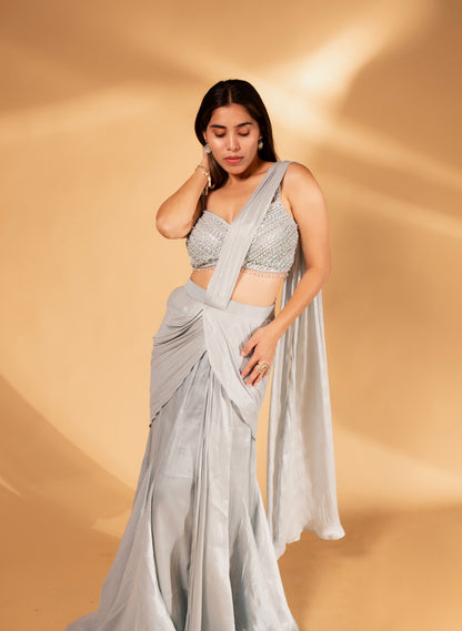 Pista Draped Saree Gown with Beaded Bustier