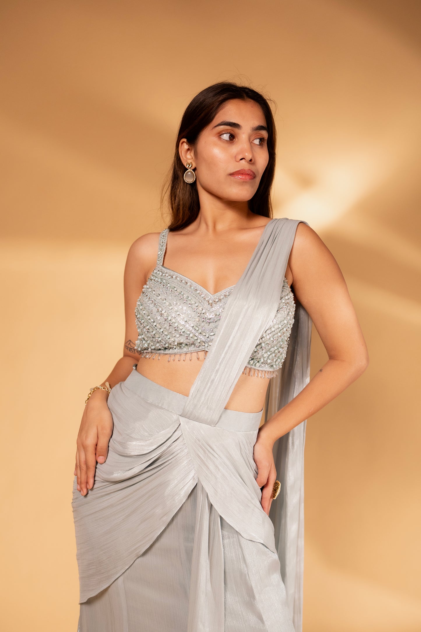 Pista Draped Saree Gown with Beaded Bustier