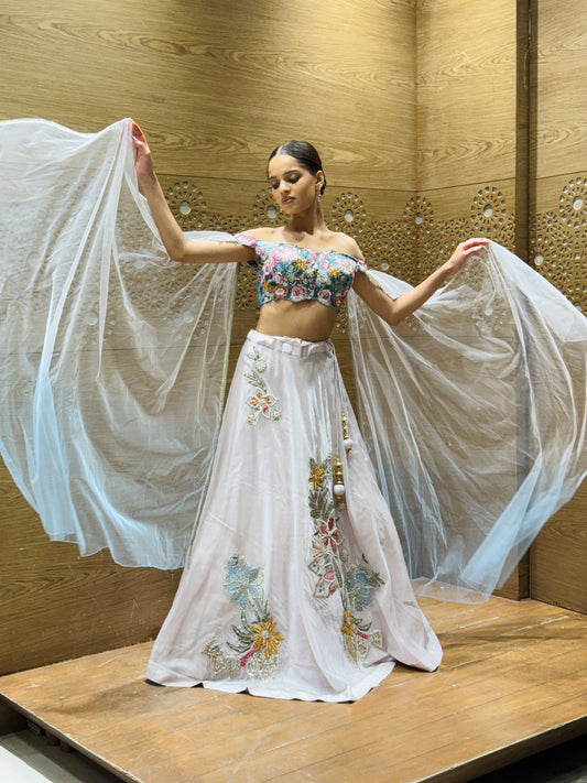 Icy Lavender Floral Embroidered Lehenga Set with Cape Sleeves