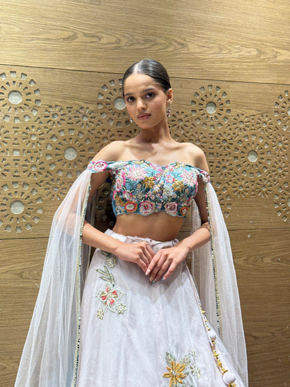Icy Lavender Floral Embroidered Lehenga Set with Cape Sleeves
