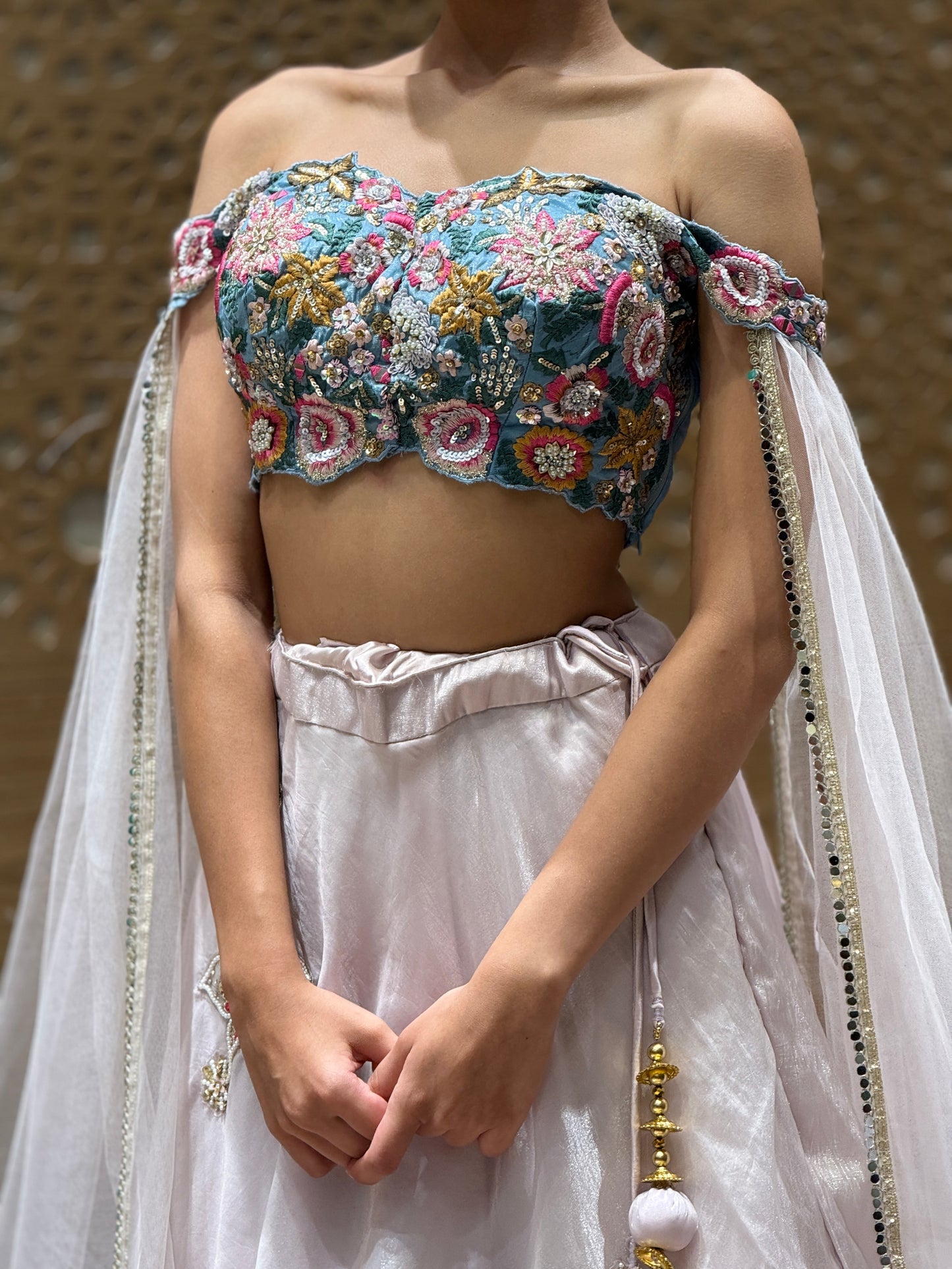 Icy Lavender Floral Embroidered Lehenga Set with Cape Sleeves
