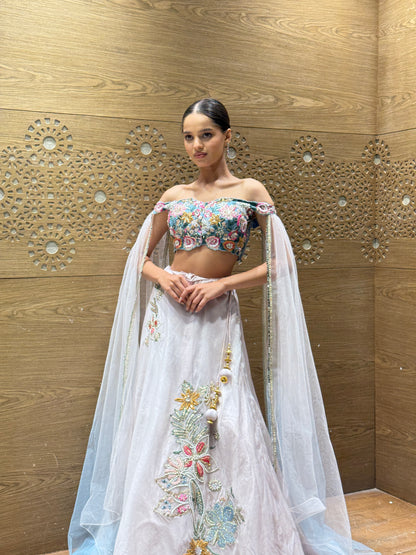 Icy Lavender Floral Embroidered Lehenga Set with Cape Sleeves