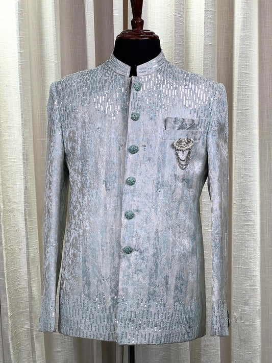Icy Mint Jodhpuri Suit with Sequin Detailing and Embellished Buttons