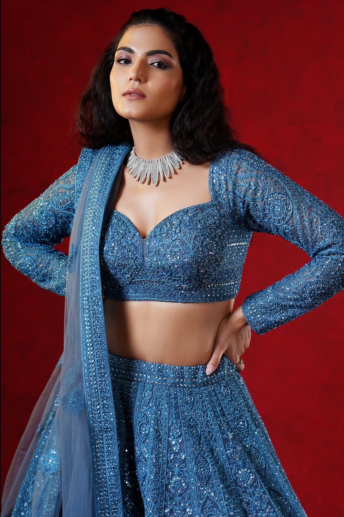 Ink Blue Net Designer Lehenga with Sequins & Embroidery