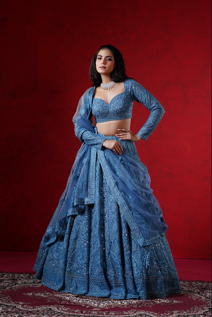 Ink Blue Net Designer Lehenga with Sequins & Embroidery