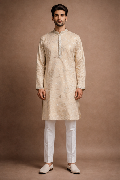 Ivory Beige Embroidered Kurta Set