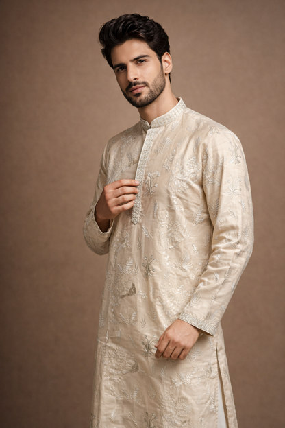 Ivory Beige Embroidered Kurta Set