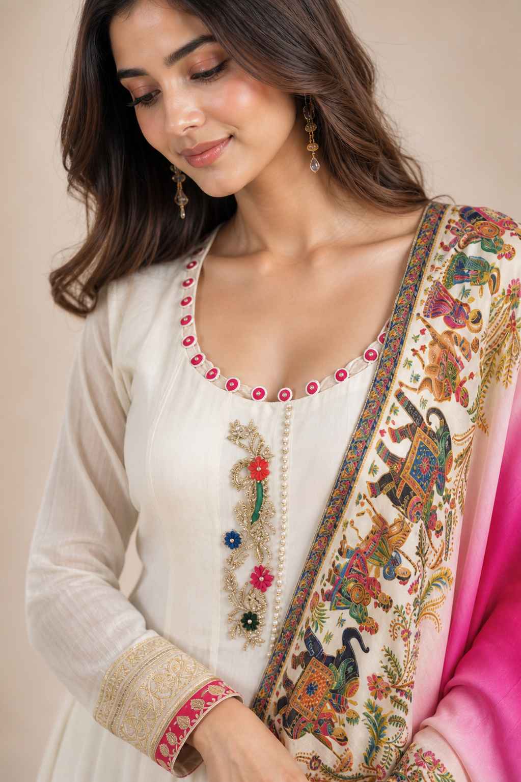 Ivory Cream Anarkali Suit with Multicolor Embroidered Motifs and Pink Ombre Printed Dupatta