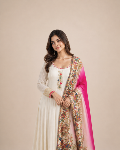 Ivory Cream Anarkali Suit with Multicolor Embroidered Motifs and Pink Ombre Printed Dupatta