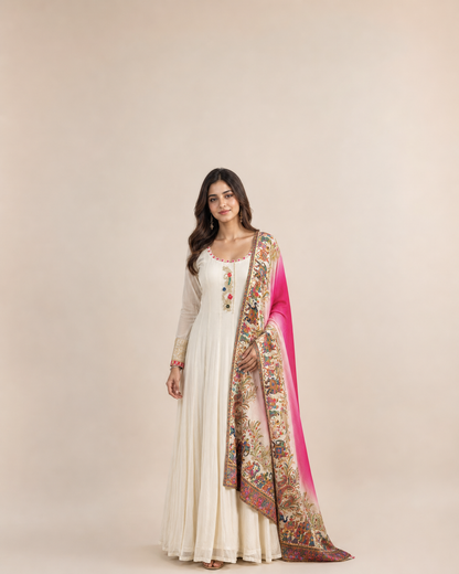 Ivory Cream Anarkali Suit with Multicolor Embroidered Motifs and Pink Ombre Printed Dupatta