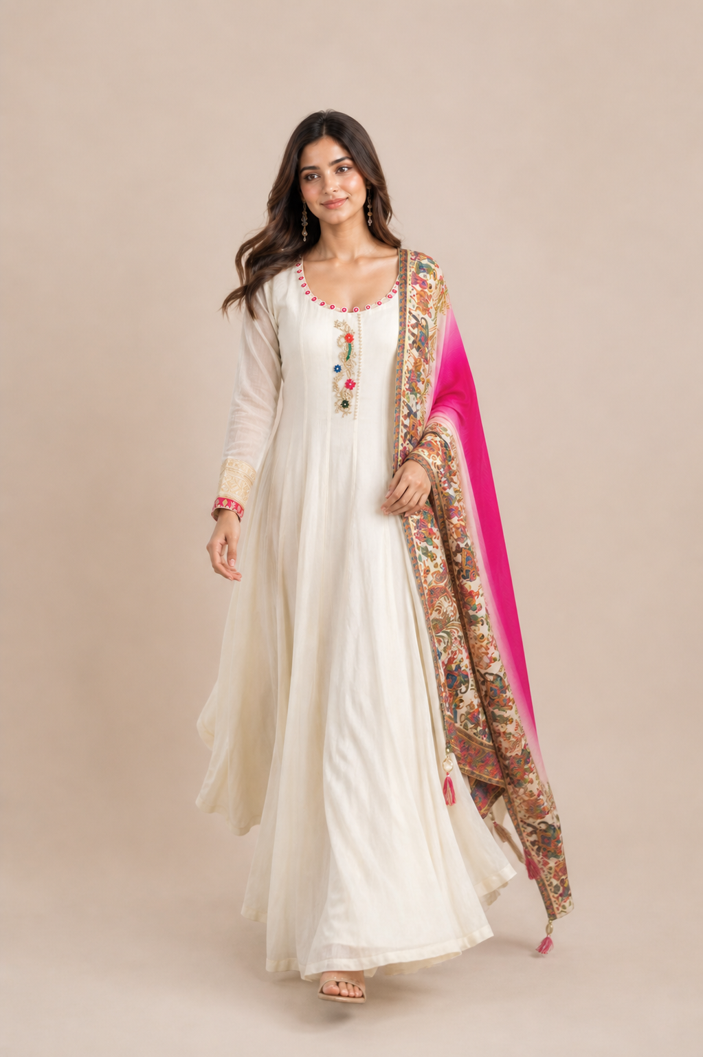 Ivory Cream Anarkali Suit with Multicolor Embroidered Motifs and Pink Ombre Printed Dupatta