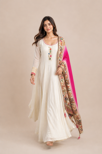Ivory Cream Anarkali Suit with Multicolor Embroidered Motifs and Pink Ombre Printed Dupatta