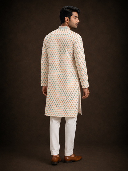 Ivory Cream Buti Printed Kurta with Peach and Sage Ethnic Motifs