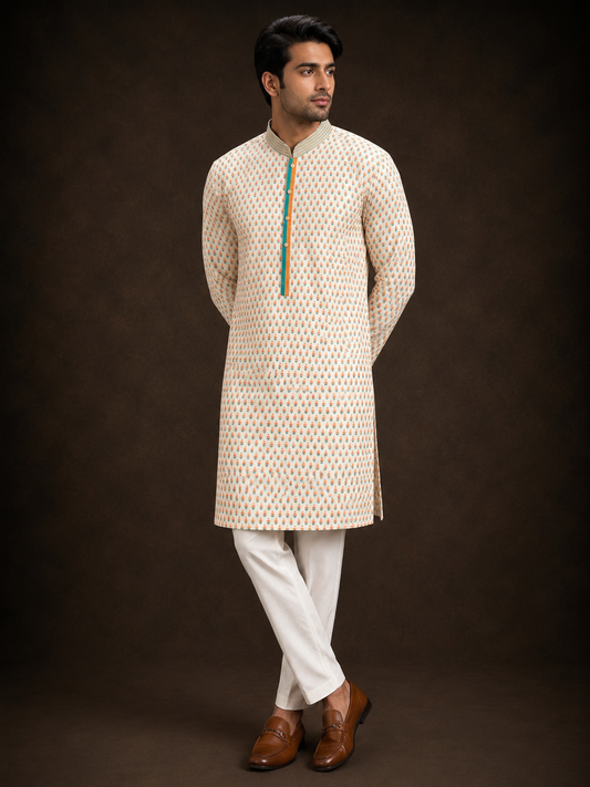 Ivory Cream Buti Printed Kurta with Peach and Sage Ethnic Motifs