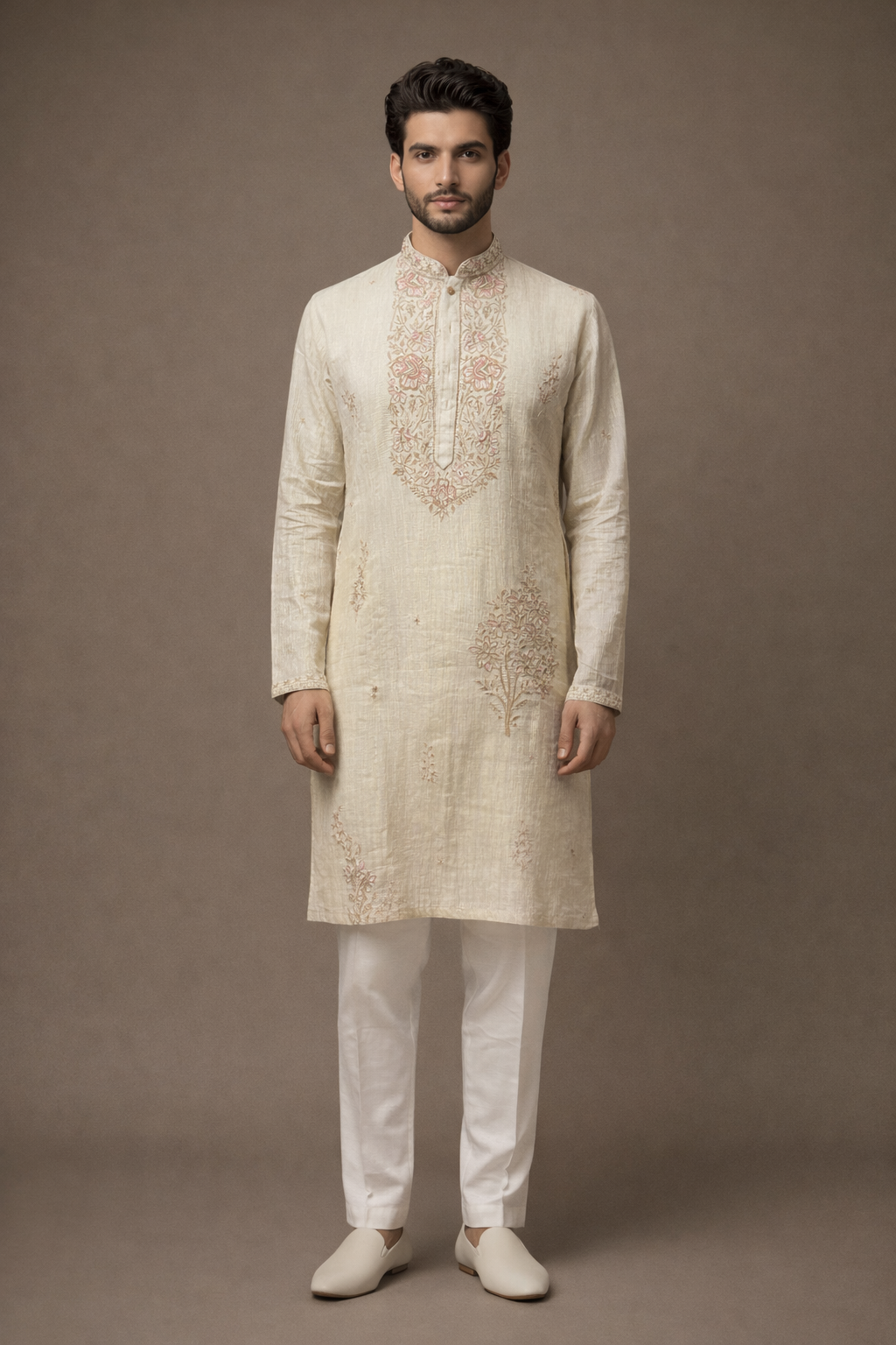 Ivory Cream Embroidered Silk Kurta Set with Blush Pink & Gold Threadwork