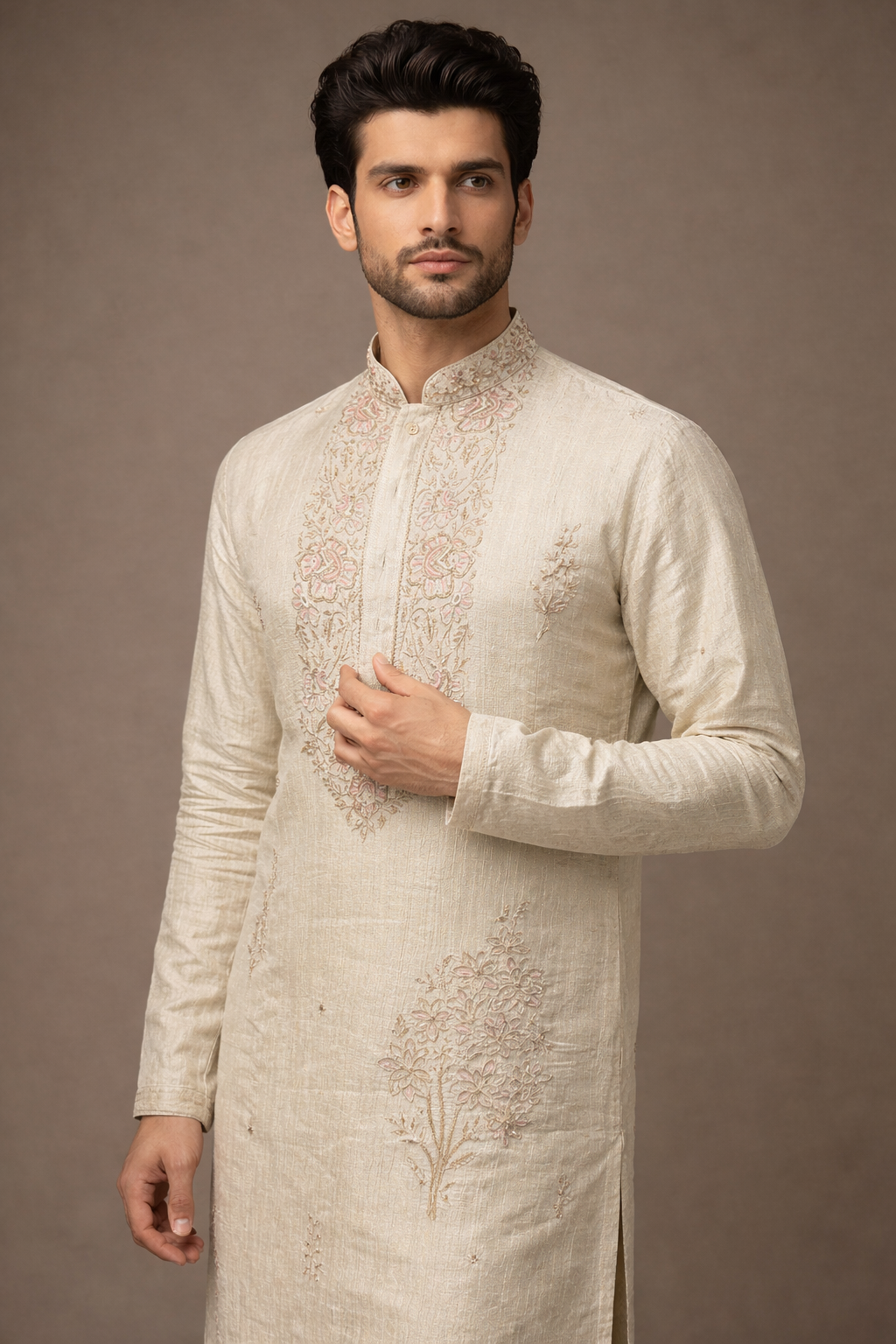 Ivory Cream Embroidered Silk Kurta Set with Blush Pink & Gold Threadwork