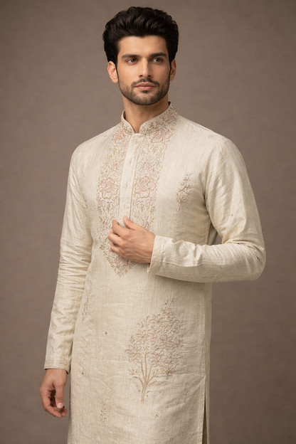 Ivory Cream Embroidered Silk Kurta Set with Blush Pink & Gold Threadwork