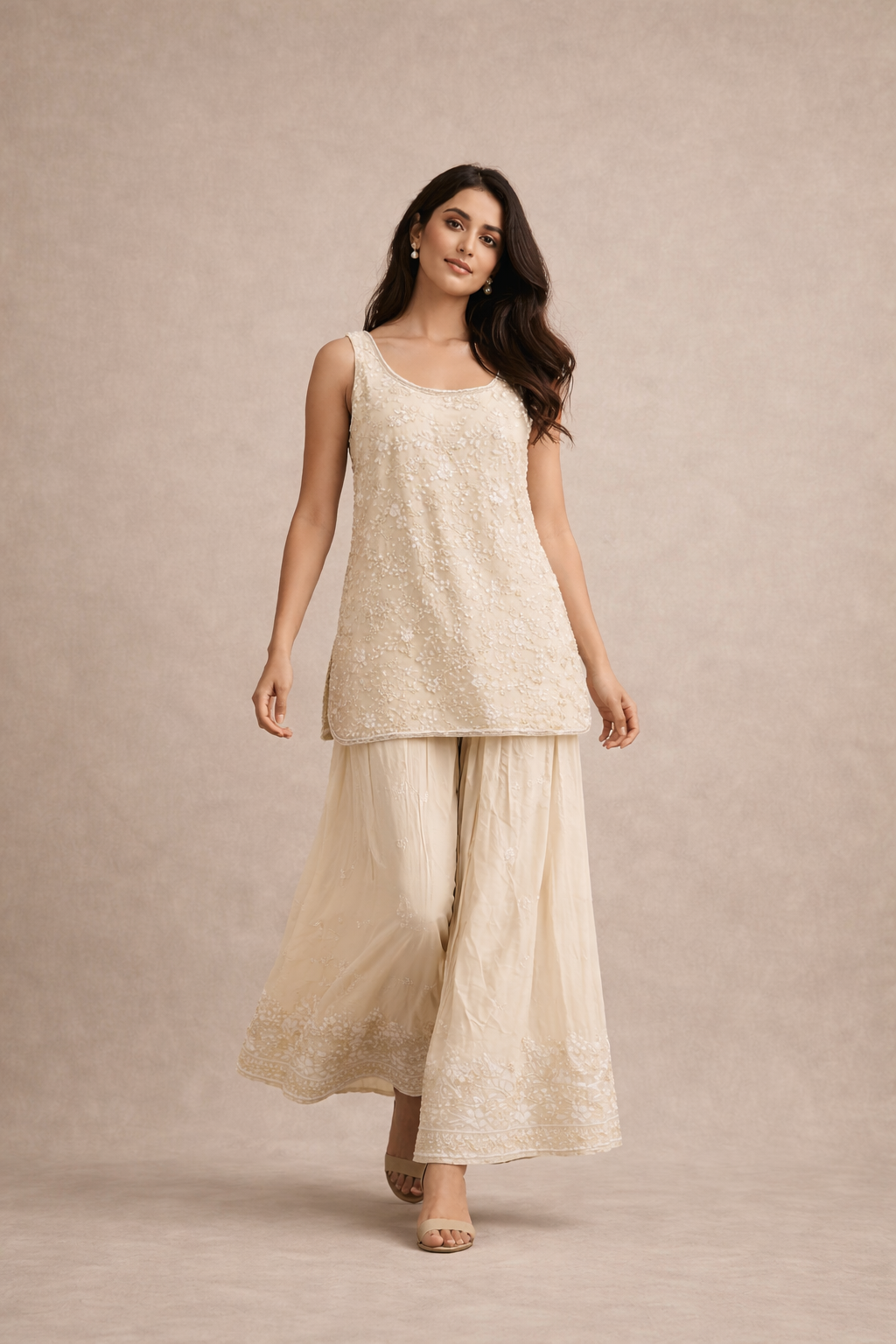 Ivory Cream Floral Embroidered Short Kurti
